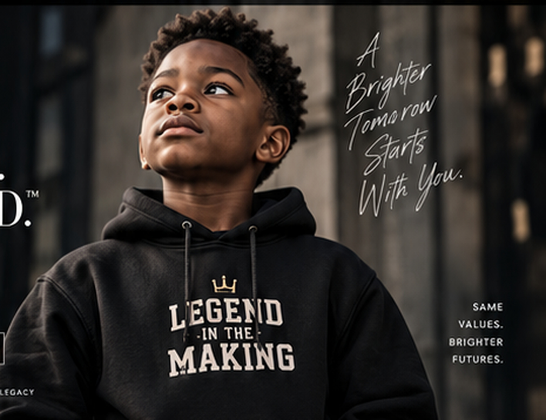 A young person in a Legend in the Making hoodie looking upward